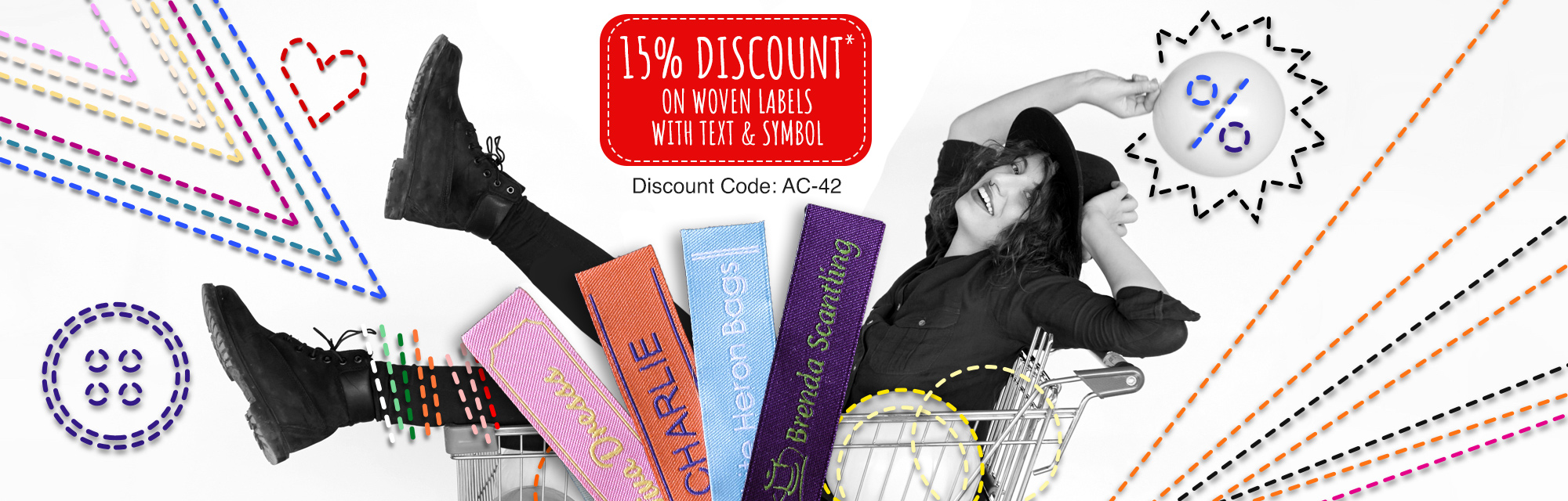 15% off* your woven labels with text & symbol